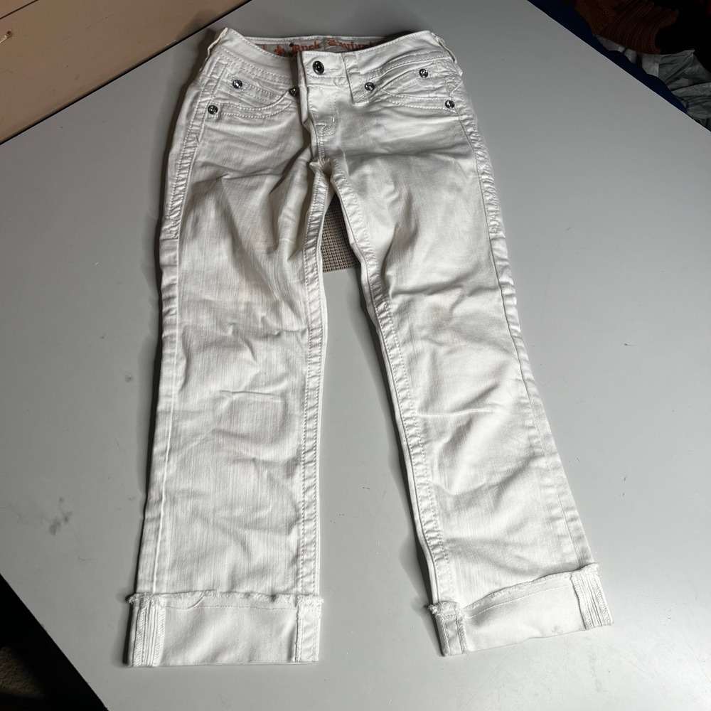 Rock Revival Amy Capri Jeans White Rhinestone Fleur De Lis Stretch E8129P29